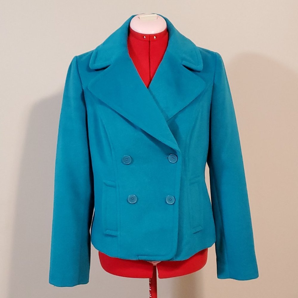 “Liz Claiborne” Teal Cropped Double-Breasted Dress Peacoat – Size S
